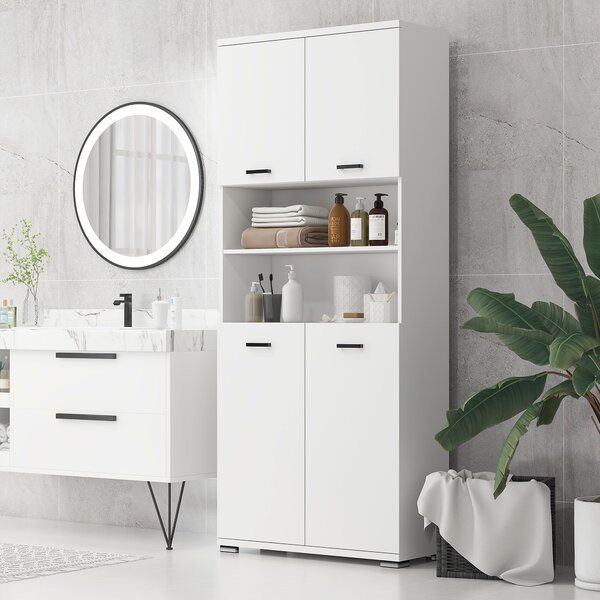 Kleankin Armadietto Bagno con 4 Ante, 2 Ripiani Aperti e Ripiani Interni Regolabili, in Legno, 80x33.5x190 cm, Bianco|Aosom
