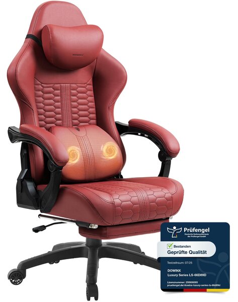 Sedia da gaming grande e robusta, con supporto lombare massaggiante, poggiapiedi, design ergonomico, rivestita in ecopelle, capacità massima di 180 kg. Colore: rosso