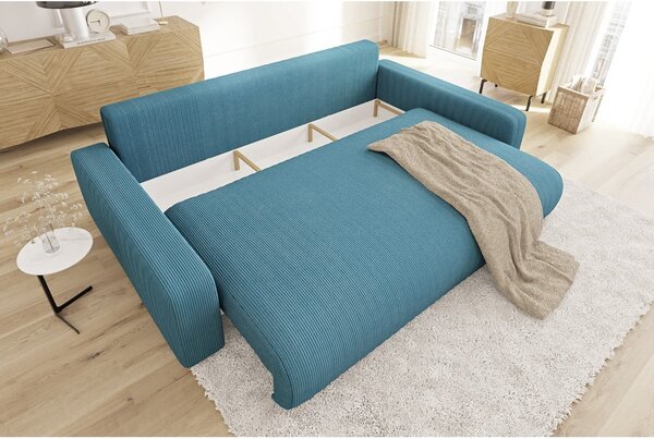 Divano turchese allungabile/con contenitore con rivestimento in velluto a coste 234 cm Sara – Ropez