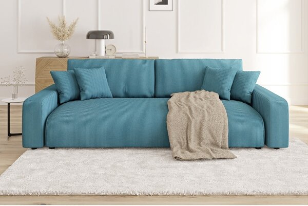 Divano turchese allungabile/con contenitore con rivestimento in velluto a coste 234 cm Sara – Ropez