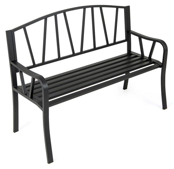 Panca da giardino in metallo, panca da esterno con schienale ergonomico e braccioli curvi, capacità di carico fino a 300 kg, ideale per 2-3 persone, perfetta per giardino, cortile e terrazza, colore nero