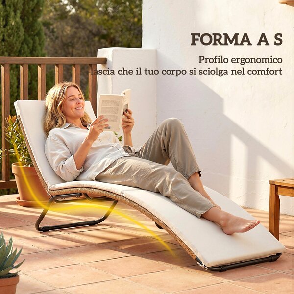 Outsunny Lettino Prendisole in Rattan Forma S con Cuscino, Lettino da Giardino con Struttura in Acciaio, per Patio Spiaggia Piscina Giardino, 175x57x80cm, Crema | Aosom Italy