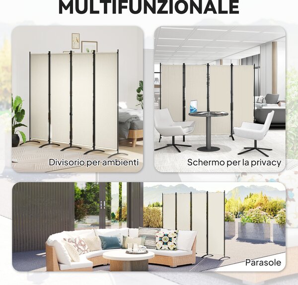 Outsunny Paravento da Esterno e Interno a 4 Pannelli Pieghevole, 221x50x172cm, Crema