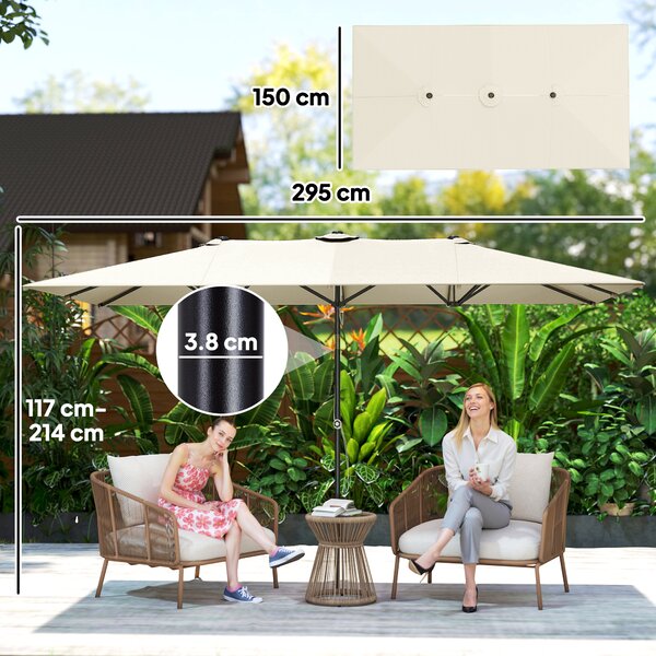 Outsunny Ombrellone Doppio Inclinabile e Regolabile con Cordicella, in Poliestere e Metallo, 150x295x170-214 cm, Crema