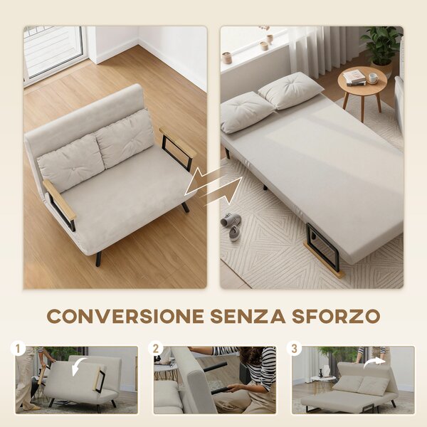 HOMCOM Divano Letto 3 in 1 in Tessuto Effetto Velluto con Schienale Regolabile e 2 Cuscini, 102x73x81 cm, Beige | Aosom Italy