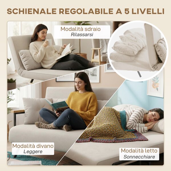 HOMCOM Divano Letto 3 in 1 in Tessuto Effetto Velluto con Schienale Regolabile e 2 Cuscini, 102x73x81 cm, Beige | Aosom Italy