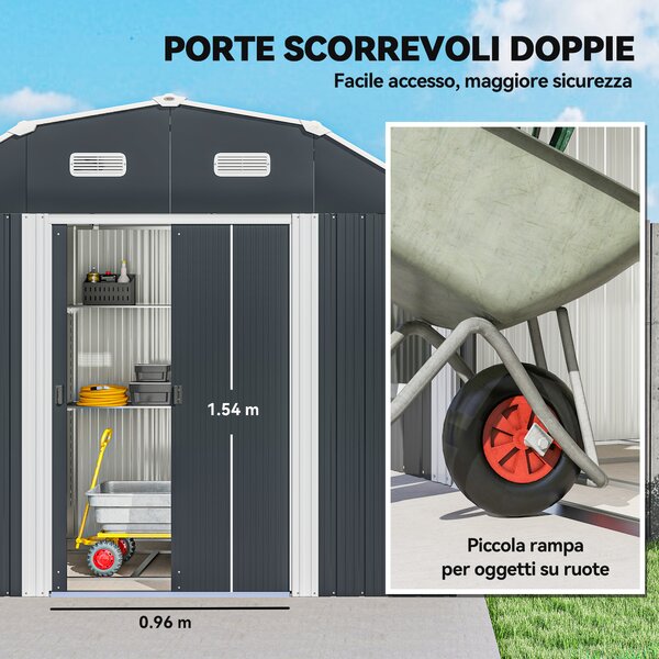 Outsunny Casetta da Giardino con Ripiani Regolabili e 2 Finestre, Capanno Porta Attrezzi in Acciaio, 238x132x198.5 cm, Grigio Scuro | Aosom Italy