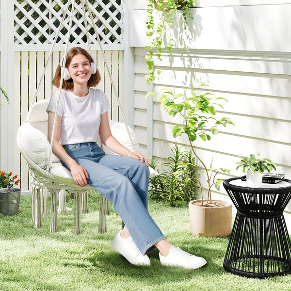 Outsunny Poltrona Sospesa in Stile Boho con Cuscino, in Acciaio, Cotone e Poliestere, 80x60x40 cm, Bianco Crema