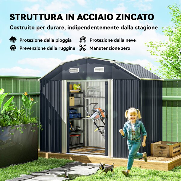 Outsunny Casetta da Giardino con Ripiani Regolabili e 2 Finestre, Capanno Porta Attrezzi in Acciaio, 238x132x198.5 cm, Grigio Scuro | Aosom Italy