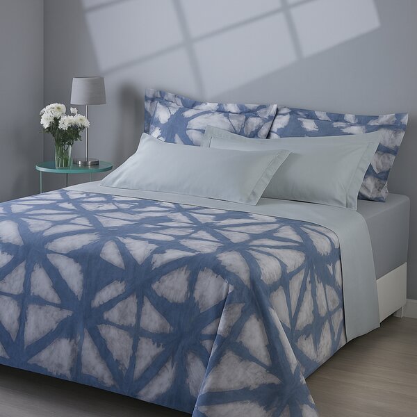 Copripiumino Con Federe In Percalle Shibori Singolo - 155X255 + 1 Federa 50X80 Emporium Geometrico Bluette Caleffi