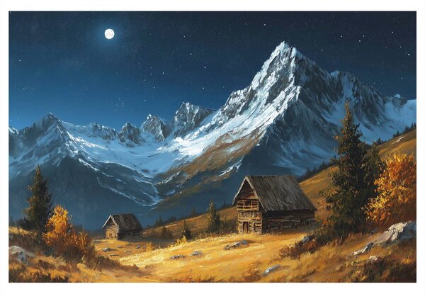 Quadro su tela – Chalet di montagna invernale di notte