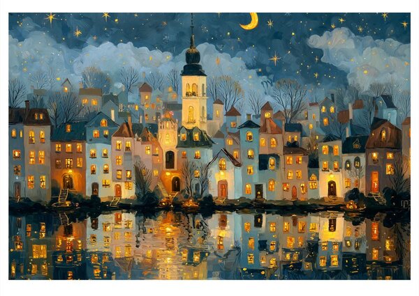 Quadro su tela – Villaggio natalizio sotto le stelle