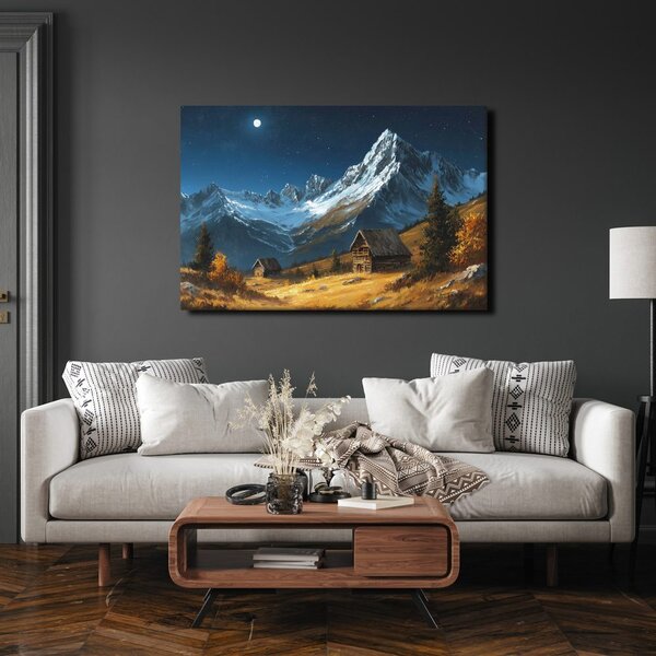 Quadro su tela – Chalet di montagna invernale di notte