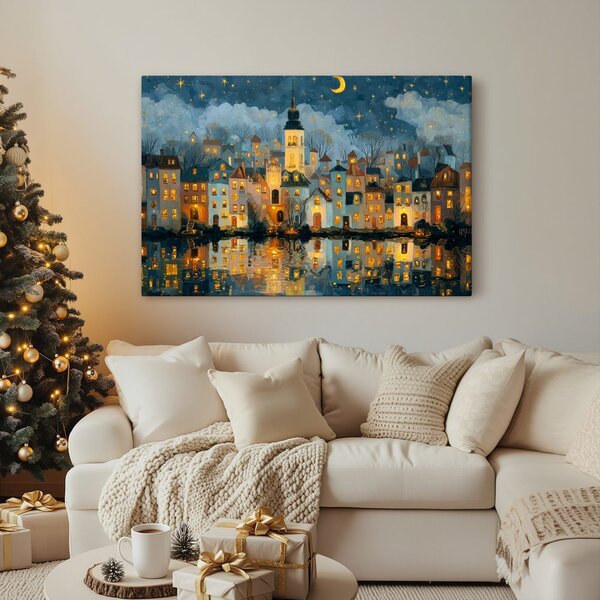 Quadro su tela – Villaggio natalizio sotto le stelle