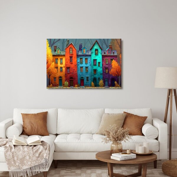 Quadro su tela – Case colorate nel bosco autunnale