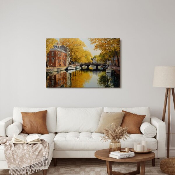 Quadro su tela – Canale autunnale vicino al ponte