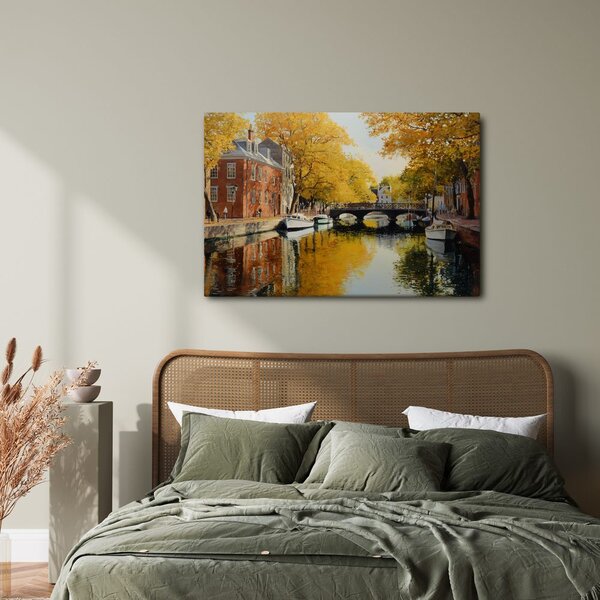 Quadro su tela – Canale autunnale vicino al ponte