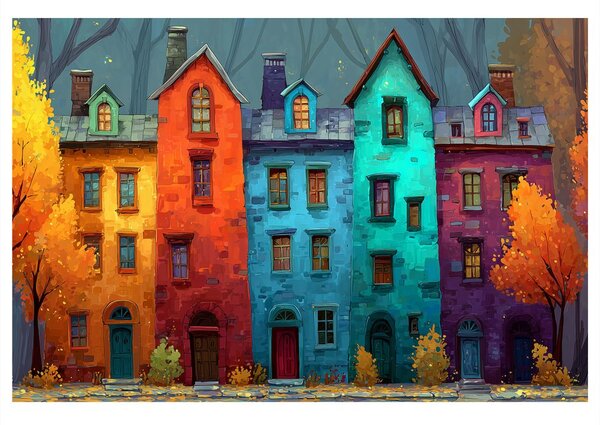 Quadro su tela – Case colorate nel bosco autunnale
