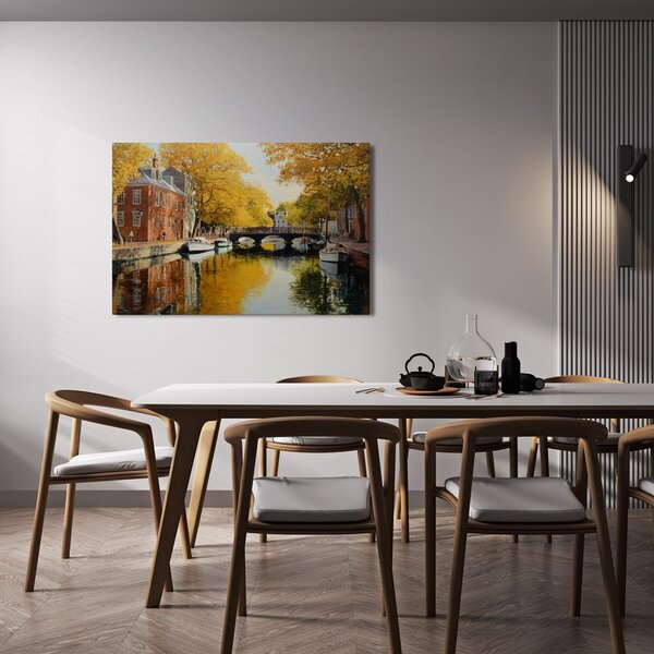 Quadro su tela – Canale autunnale vicino al ponte