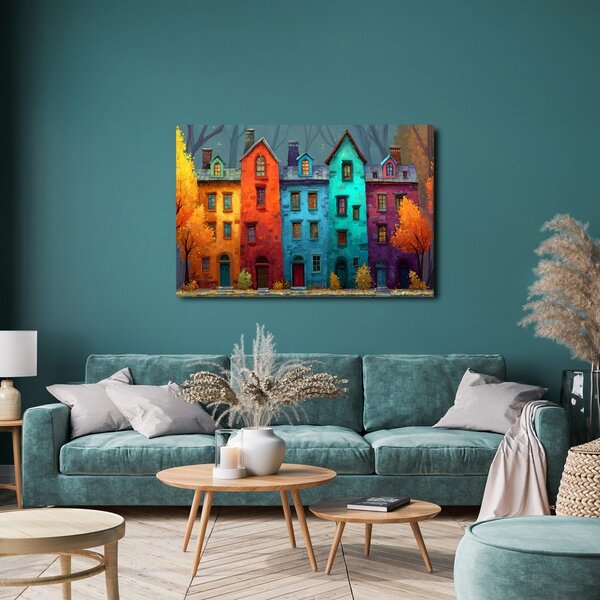Quadro su tela – Case colorate nel bosco autunnale