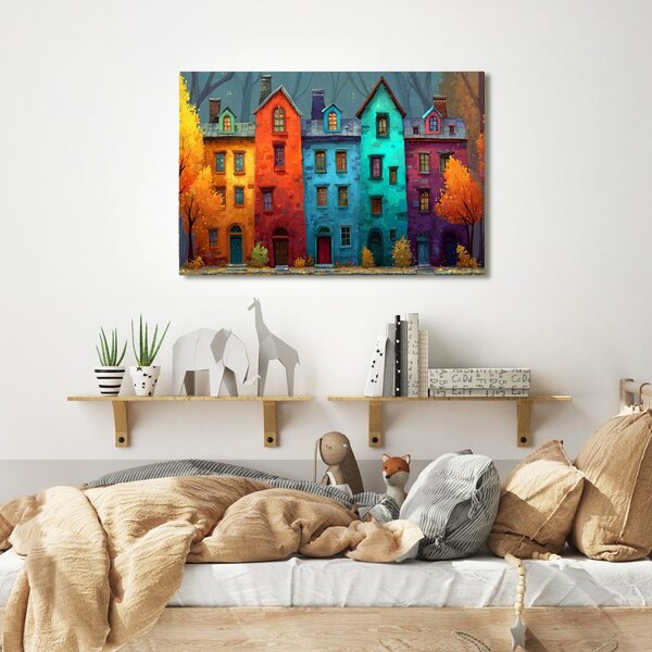 Quadro su tela – Case colorate nel bosco autunnale