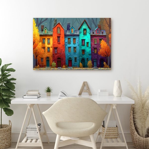 Quadro su tela – Case colorate nel bosco autunnale