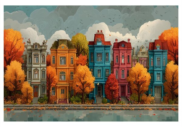 Quadro su tela – Facciate colorate autunnali delle case