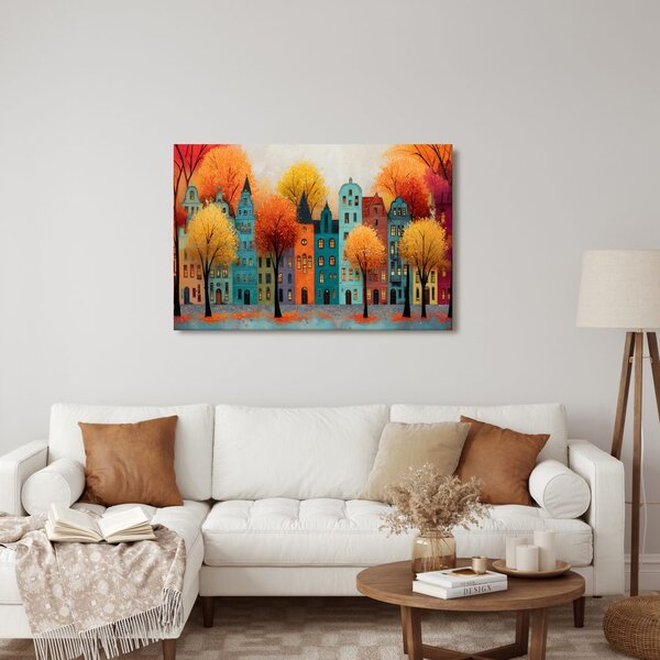 Quadro su tela – Città autunnale con case colorate