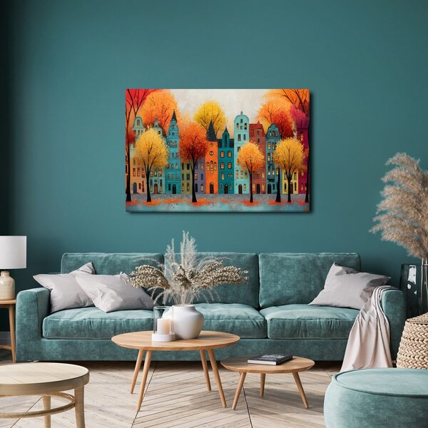 Quadro su tela – Città autunnale con case colorate