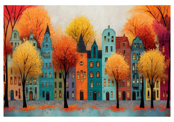 Quadro su tela – Città autunnale con case colorate