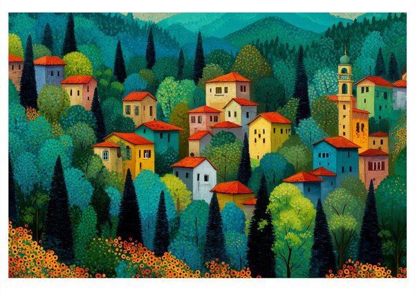 Quadro su tela – Villaggio nella foresta estiva