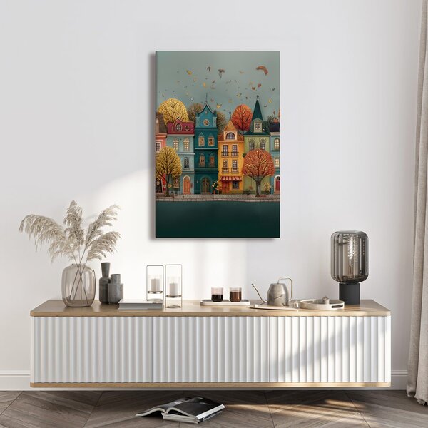 Quadro su tela – Case colorate tra foglie autunnali