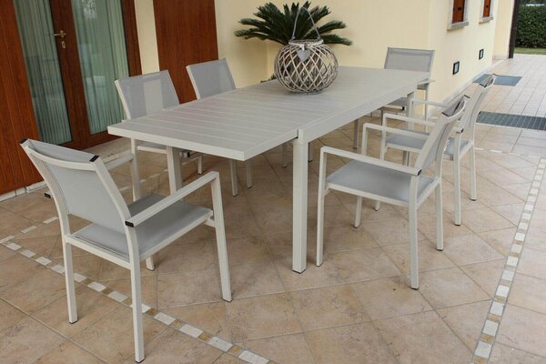 DEXTER - set tavolo in alluminio cm 200/300 x 100 x 74 h con 8 poltrone Venus
