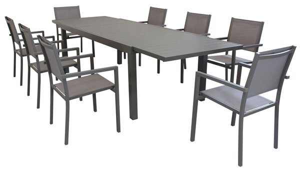 DEXTER - set tavolo in alluminio cm 200/300 x 100 x 74 h con 8 poltrone Venus