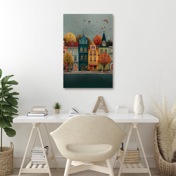 Quadro su tela – Case colorate tra foglie autunnali