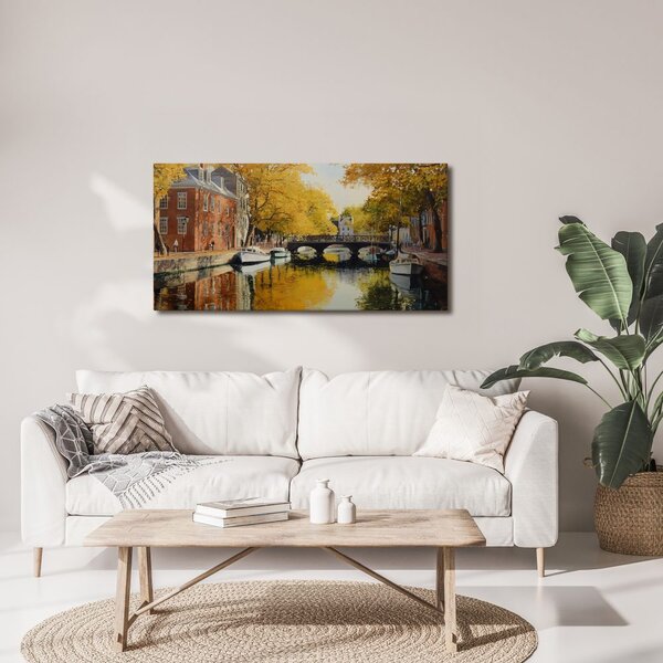 Quadro su tela – Tranquillo fiume autunnale con barche