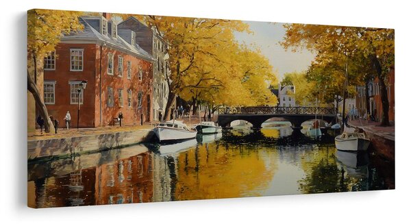 Quadro su tela – Tranquillo fiume autunnale con barche