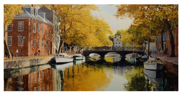 Quadro su tela – Tranquillo fiume autunnale con barche