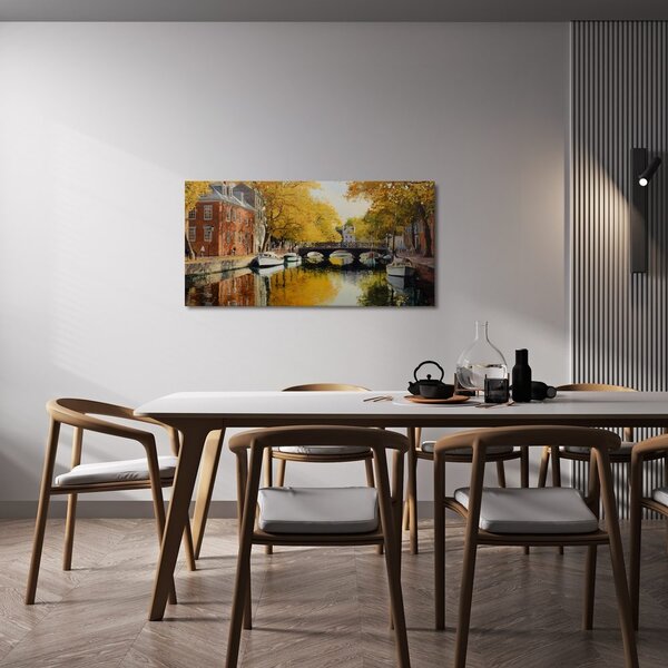 Quadro su tela – Tranquillo fiume autunnale con barche
