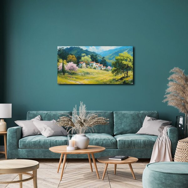 Quadro su tela – Alberi in fiore e montagne