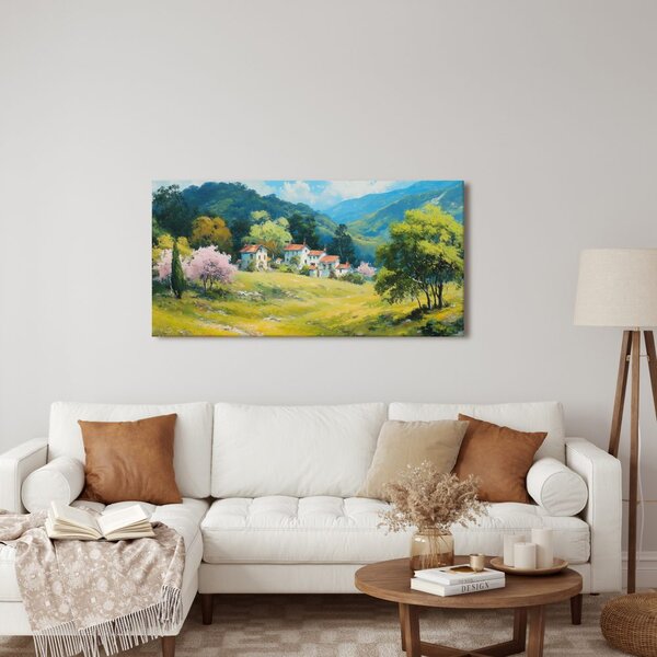Quadro su tela – Alberi in fiore e montagne