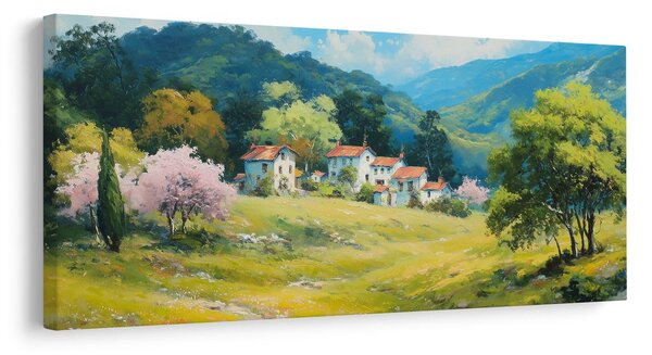 Quadro su tela – Alberi in fiore e montagne