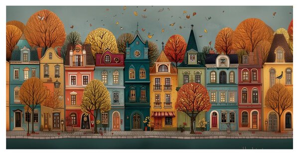 Quadro su tela – Facciate storiche con alberi autunnali