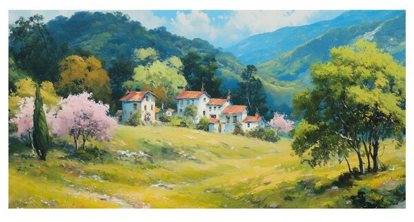 Quadro su tela – Alberi in fiore e montagne