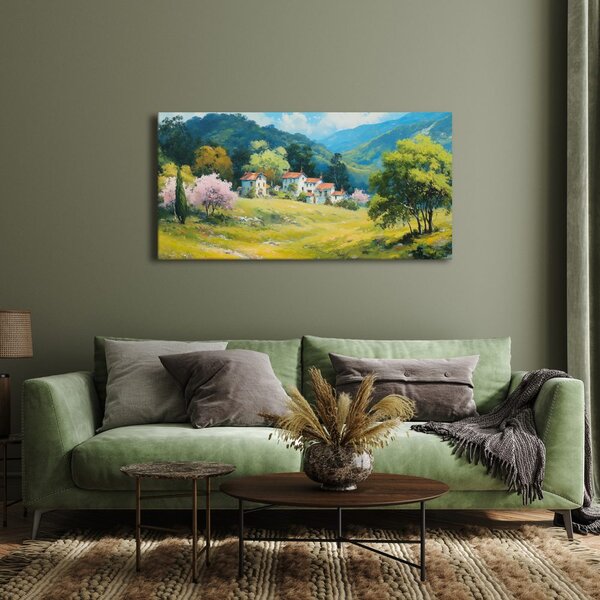 Quadro su tela – Alberi in fiore e montagne