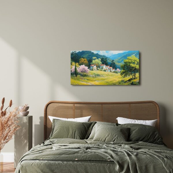 Quadro su tela – Alberi in fiore e montagne