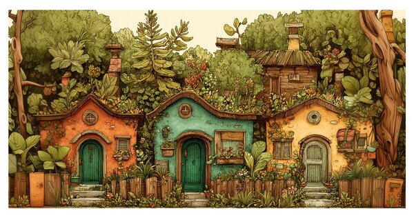 Quadro su tela – Casette rustiche e verde