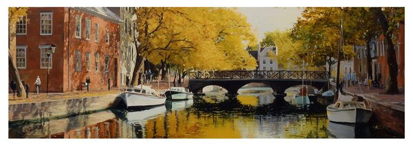 Quadro su tela – Foglie autunnali dorate sopra il canale