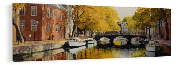 Quadro su tela – Foglie autunnali dorate sopra il canale