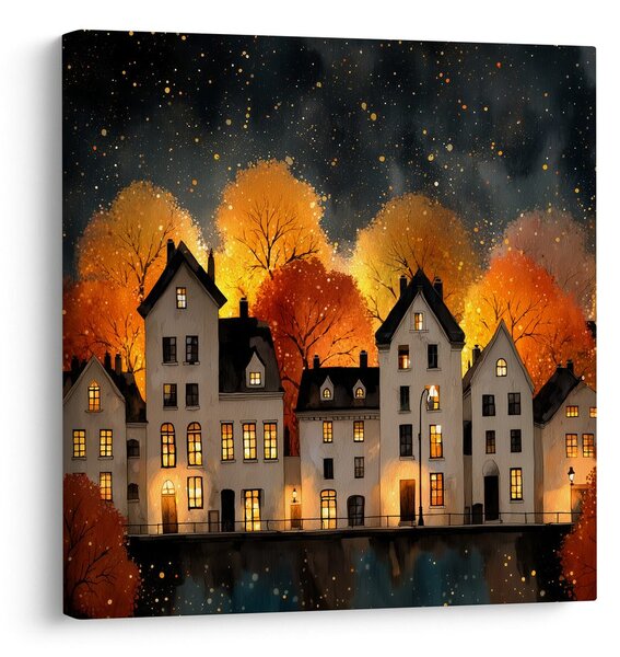 Quadro su tela – Case illuminate festive di notte